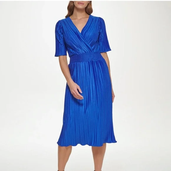 Dkny Pleated Elastic Waist Surplice V-Neck Short Sleeve Faux Wrap Midi Dress, Womens, 6, Cosmic Blue